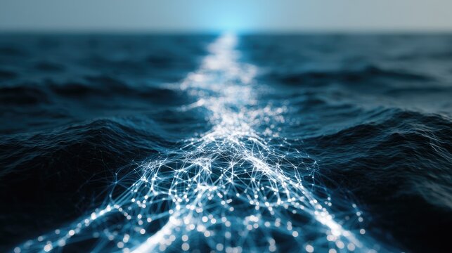 Luminous network of lights flows across dark ocean surface
