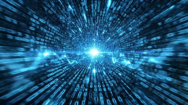 A Captivating Visual Journey Through a Digital Storm of Blue Binary Code, Creating a Vortex into the Infinite Unknown of Data and Technology.