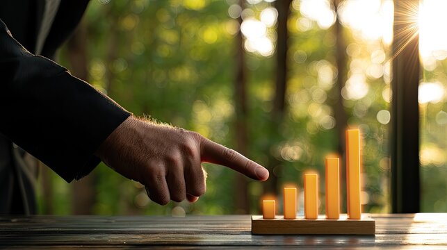 Hand pointing at growing orange bars on table with sunlit greenery background