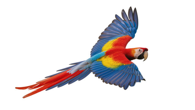 Vibrant scarlet macaw parrot in flight, isolated on transparent background