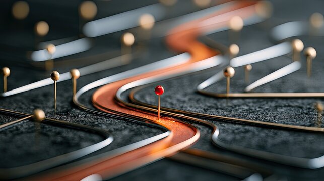 A glowing path winds through a complex network of lines and pins
