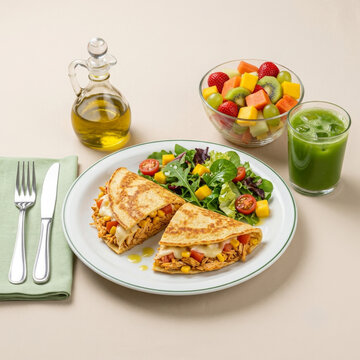 Chicken and cheese-filled crepioca served with a fresh salad, green detox juice, and fruit salad &ndash; a healthy, balanced meal.