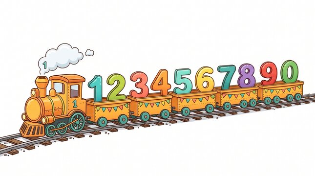 A whimsical vector illustration of a bright yellow steam locomotive pulling cargo cars filled with large, colorful numbers from one to zero on a railway track, isolated on a white background.