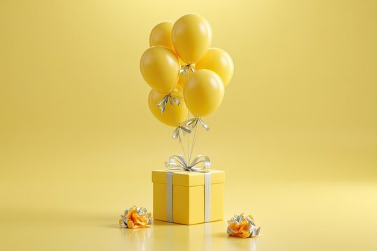 Bunch of yellow balloons float above a yellow gift box