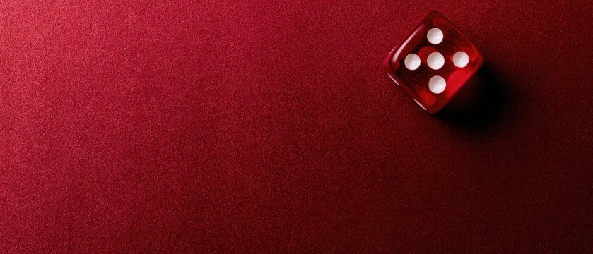 Red translucent die showing five dots on dark red felt