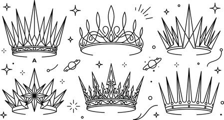 Royal crown tiara vector line art element set featuring king queen princess authority celestial stars sparkles outline © MdShakib