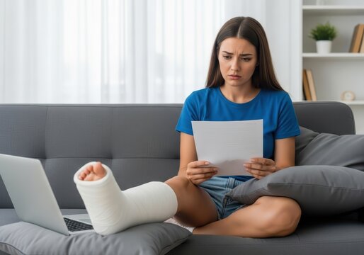 Worried Young Woman with Broken Leg in Cast Reading Medical Bill or Insurance Document at Home on Sofa