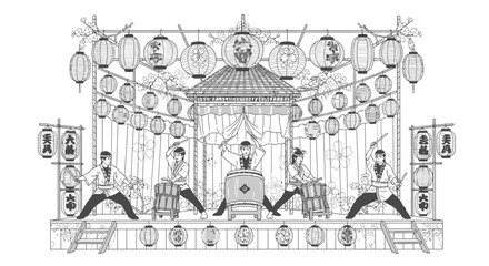 Obraz premium Japanese Taiko Drum Performance with Lanterns Sketch