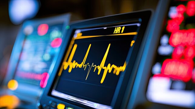 Close-up of a medical monitor displaying a heart rate waveform and vital signs