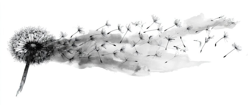 A solitary dandelion seed head releases its downy parachutes into the air