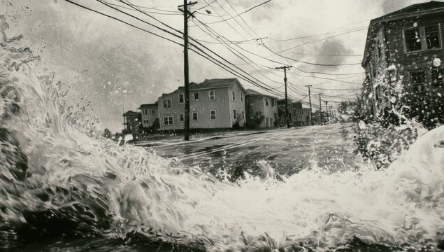 Turbulent ocean waves crash against a flooded coastal street, engulfing homes