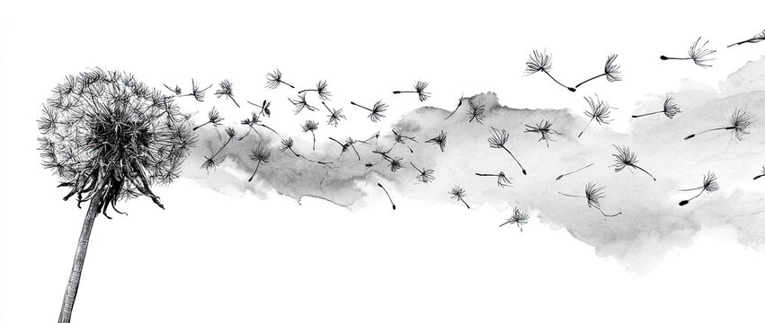 A dandelion's seed head dispersing seeds against a smoky, abstract background
