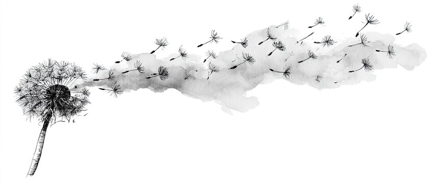 A lone dandelion disperses its seeds in a smoky plume across a white background