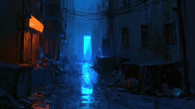 Dimly lit alley with glowing neon and blue light, wet ground, trash