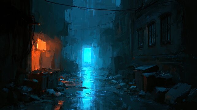 A dark, narrow alleyway with glowing orange and blue lights