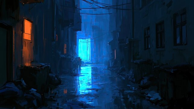 Dark, wet alleyway illuminated by glowing blue portal and orange window lights
