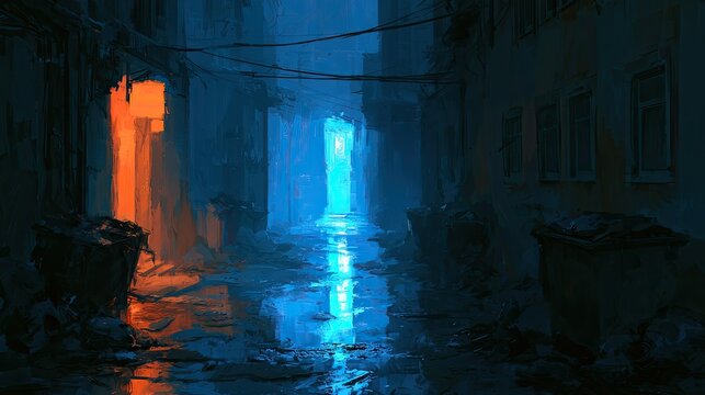 Eerie alley bathed in contrasting neon blue and orange light
