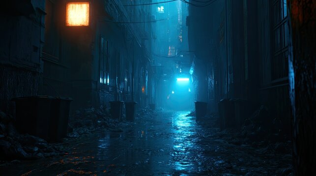 Dark, wet alleyway illuminated by glowing windows and neon lights, with debris