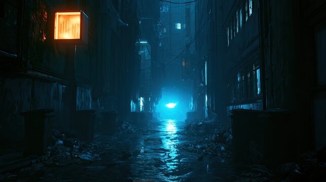Grimy alleyway in a neon-lit city, illuminated by blue and orange light
