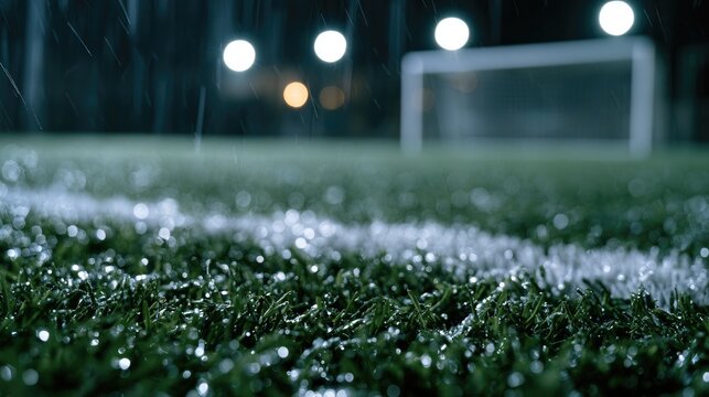 Wet soccer field under stadium lights during a downpour