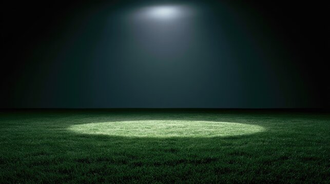 Spotlit green grass field in dark setting