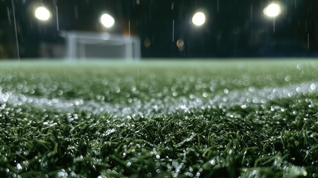 A low-angle view of a wet football field under stadium lights during a rain shower