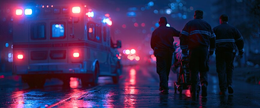 Emergency responders with a stretcher walk beside a flashing ambulance at night