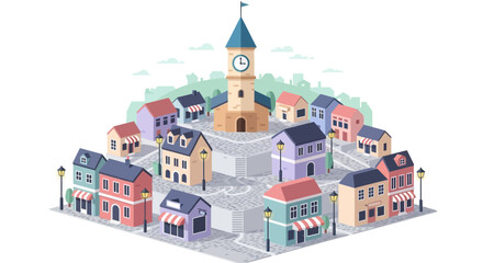 Naklejka premium Colorful European village with traditional houses and church steeple.