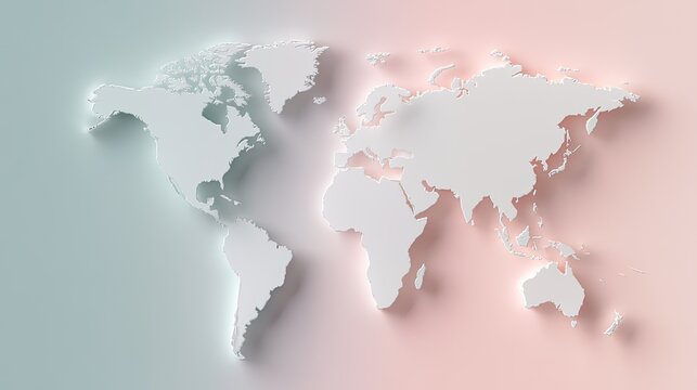 Embossed world map floats against a soft gradient of blue and pink