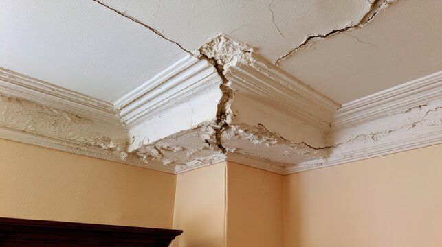 Severe cracks and plaster damage in a ceiling corner