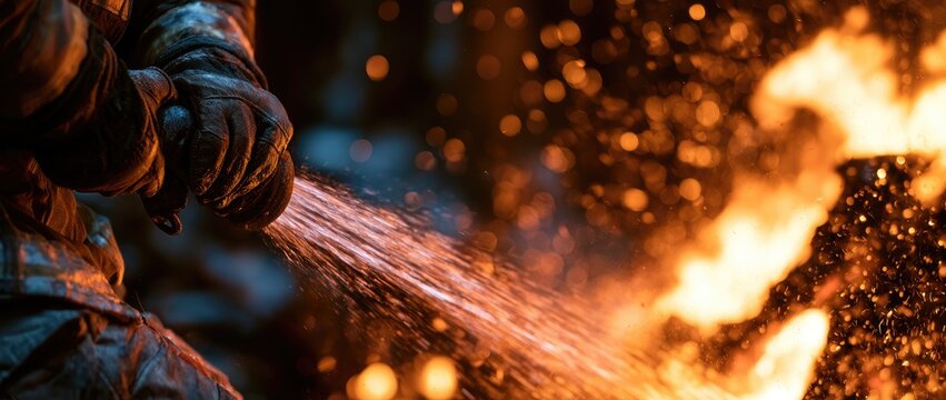 A gloved hand directs a stream of water onto intense flames