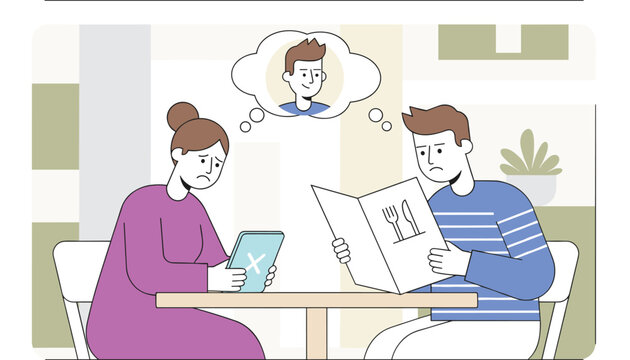 Unhappy couple sitting at restaurant table while woman checks dating profile and thinks about another man.