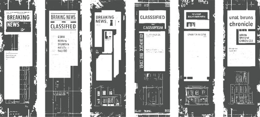 Obraz premium Six vertical newspaper pages with breaking news and classified ads in grayscale