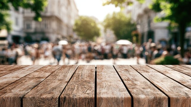 Warm sunlight illuminates a bustling street scene beyond a rustic wooden table