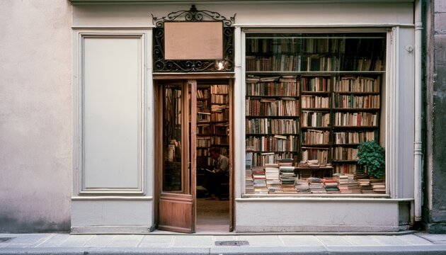 Old bookstore storefront with overflowing shelves and a lone reader