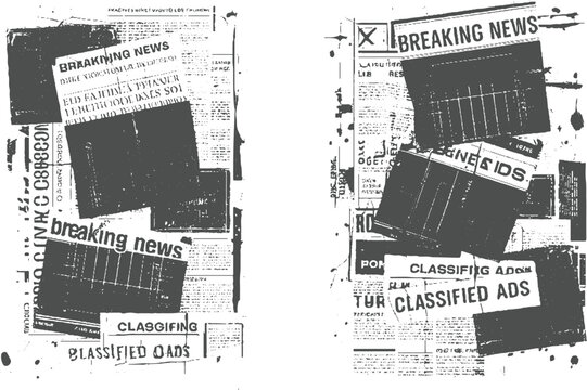 Two collages of newspaper clippings featuring breaking news and classified ads in grayscale