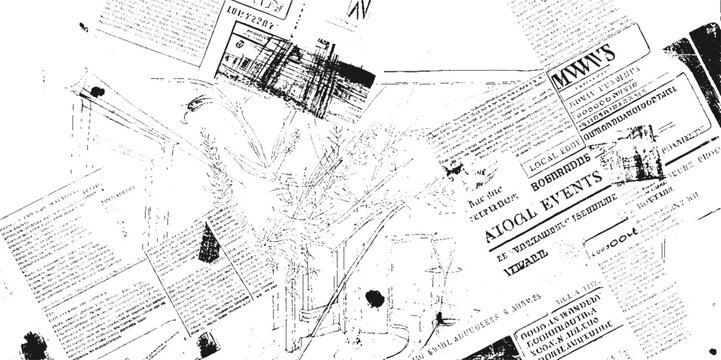 Black and white collage of vintage newspaper clippings and botanical