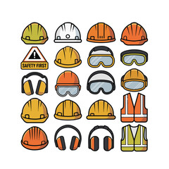 Fototapeta premium Collection of safety equipment hard hats goggles ear protection vests hardhat helmet