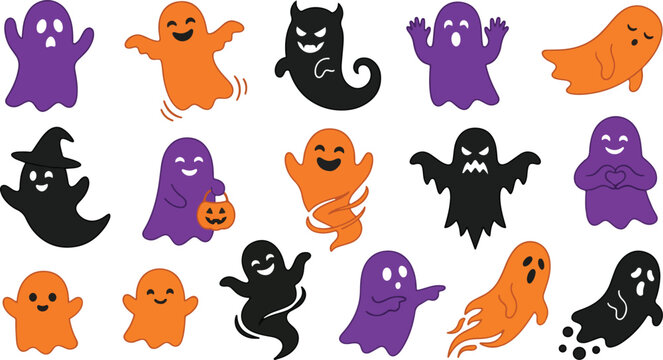 Halloween ghosts and spirits illustrations for spooky decorations and party supplies