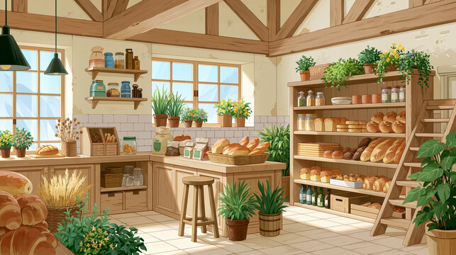 Charming and rustic artisan bakery interior, filled with an abundant display of freshly baked breads, pastries, and natural light, highlighting the warm and inviting atmosphere of a traditional bre...