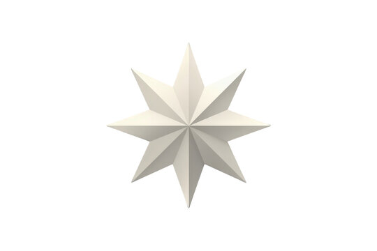 Eight-pointed white star symbol with geometric facets. 3d rendering of an octagram as a celestial decorative element