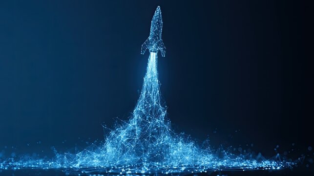 Blue digital rocket blasting off with trails of light and particles