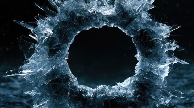 Shattered ice forms a circular hole against a dark, blurred background