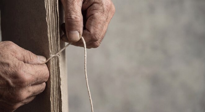 Macro of elderly artisan hands binding thick, rough parchment paper with a cotton thread. Desaturated moody background with copy space.