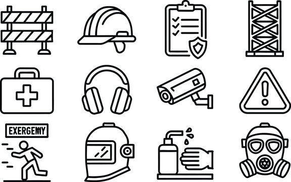 Industrial safety and construction work line icons set featuring hard hat first aid kit welding helmet warning sign vector illustration.