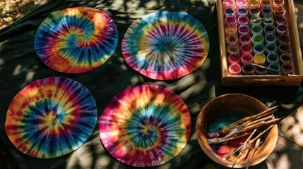 Fototapeta premium Colorful tie-dye creations and art supplies laid out for crafting