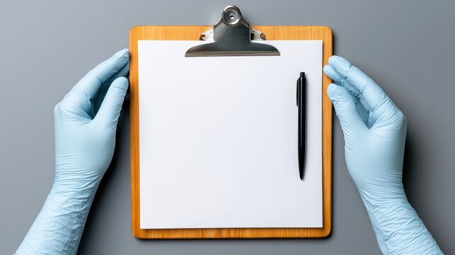 Hands in gloves hold clipboard with blank paper and pen