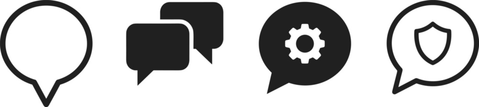 Speech Bubble Chat Icon Set with Blank Comment Double Discussion Settings Gear and Secure Shield Protection Symbols for Communication Interface Designs
