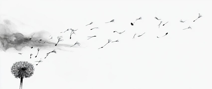 Black and white dandelion seeds dispersing in a gust of wind