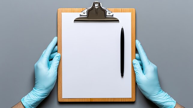 Light blue gloved hands hold wooden clipboard with blank paper and pen